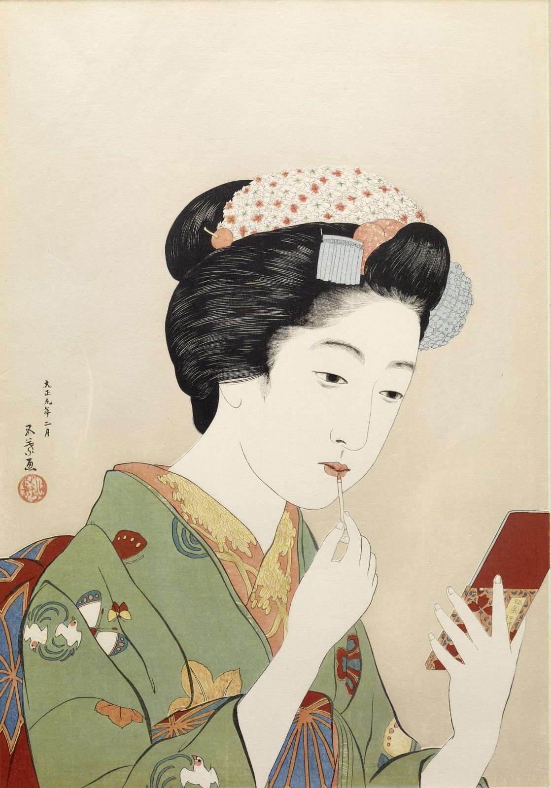 橋口五葉《紅筆持てる女》(1920年、木版多色摺、紙)