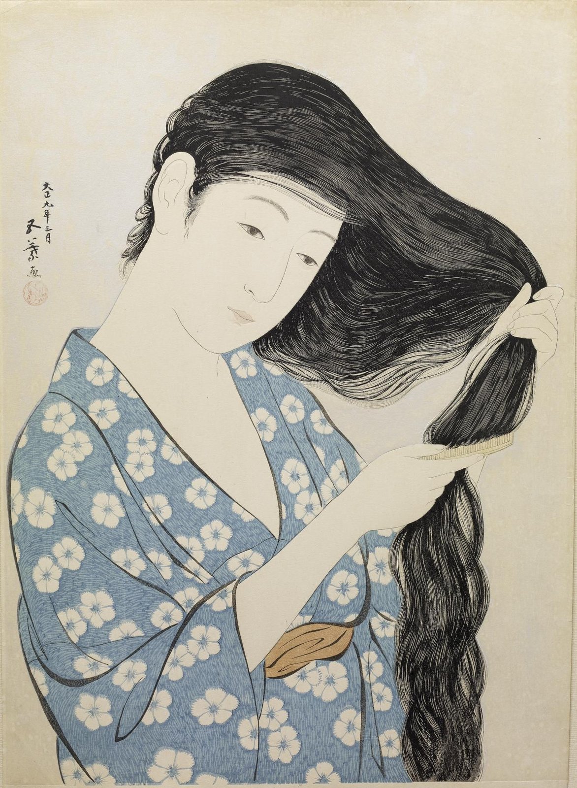 橋口五葉《髪梳ける女》(1920年、木版多色摺、紙)