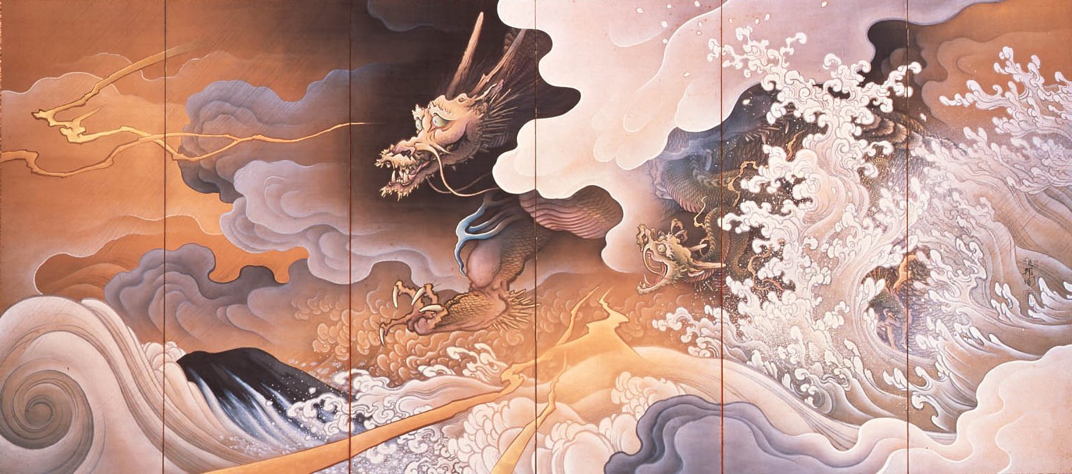 橋本雅邦《龍虎図屏風》(1895年、絹本着色、屏風)