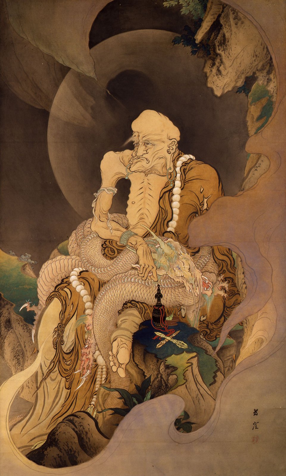 狩野芳崖《伏龍羅漢図》(1885年、紙本著色)