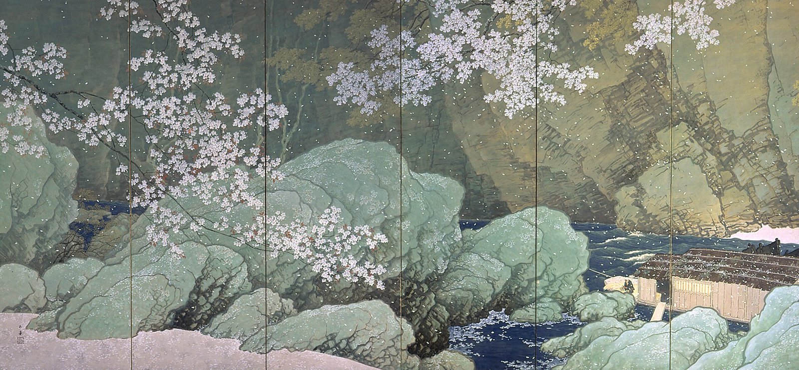 川合玉堂《行く春》(1916年、紙本着色、六曲一双)