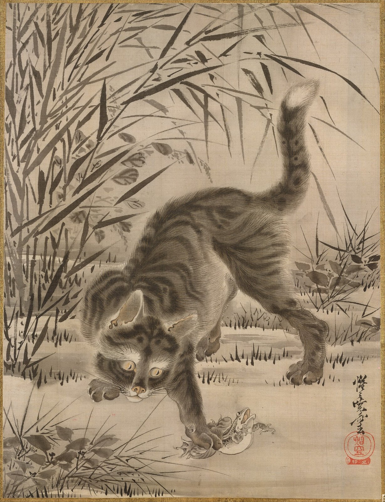 河鍋暁斎《蛙を捕らえる猫》(1887年、絹本著色(画帖))