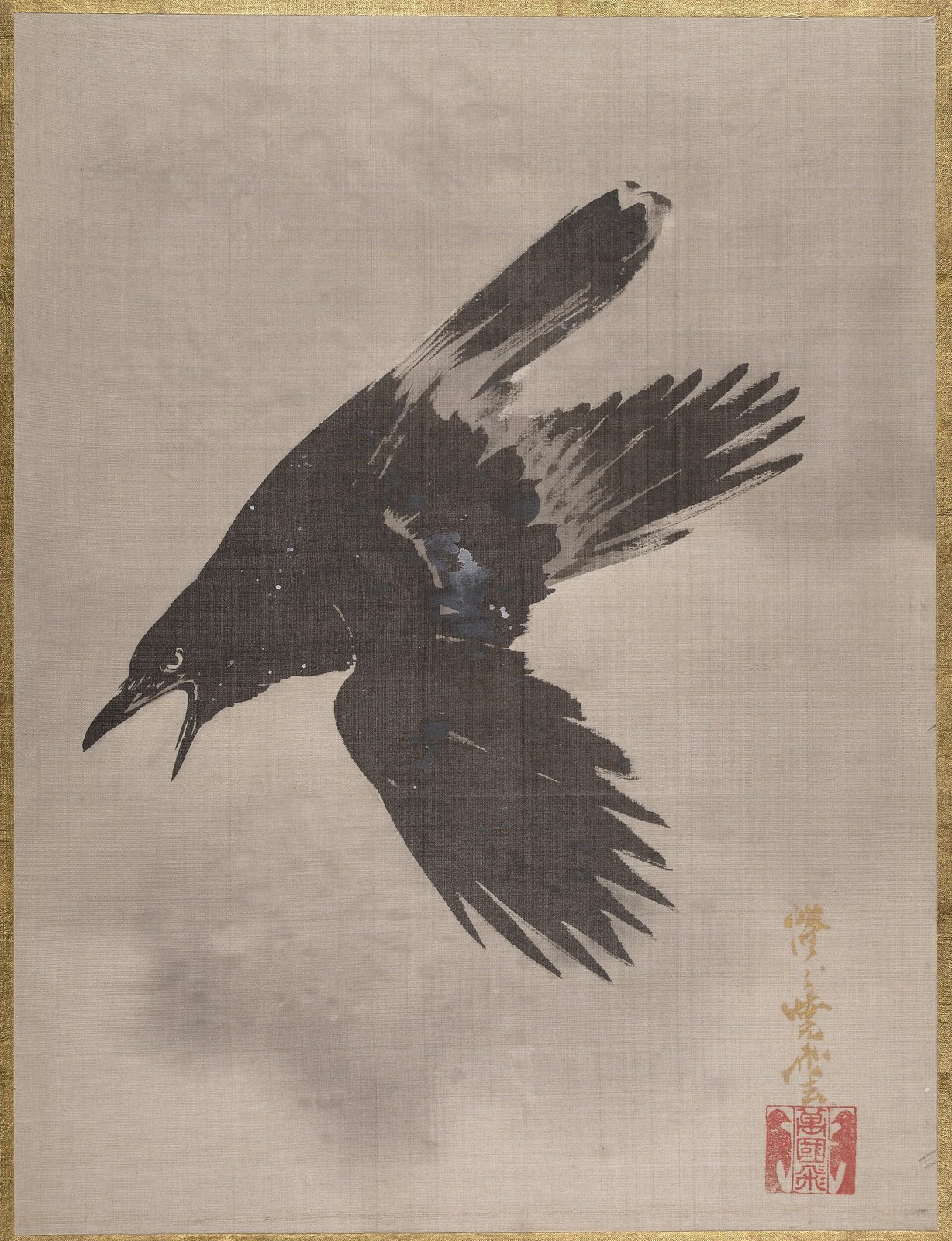 河鍋暁斎《雪中鴉図》(1887年、絹本著色(画帖))