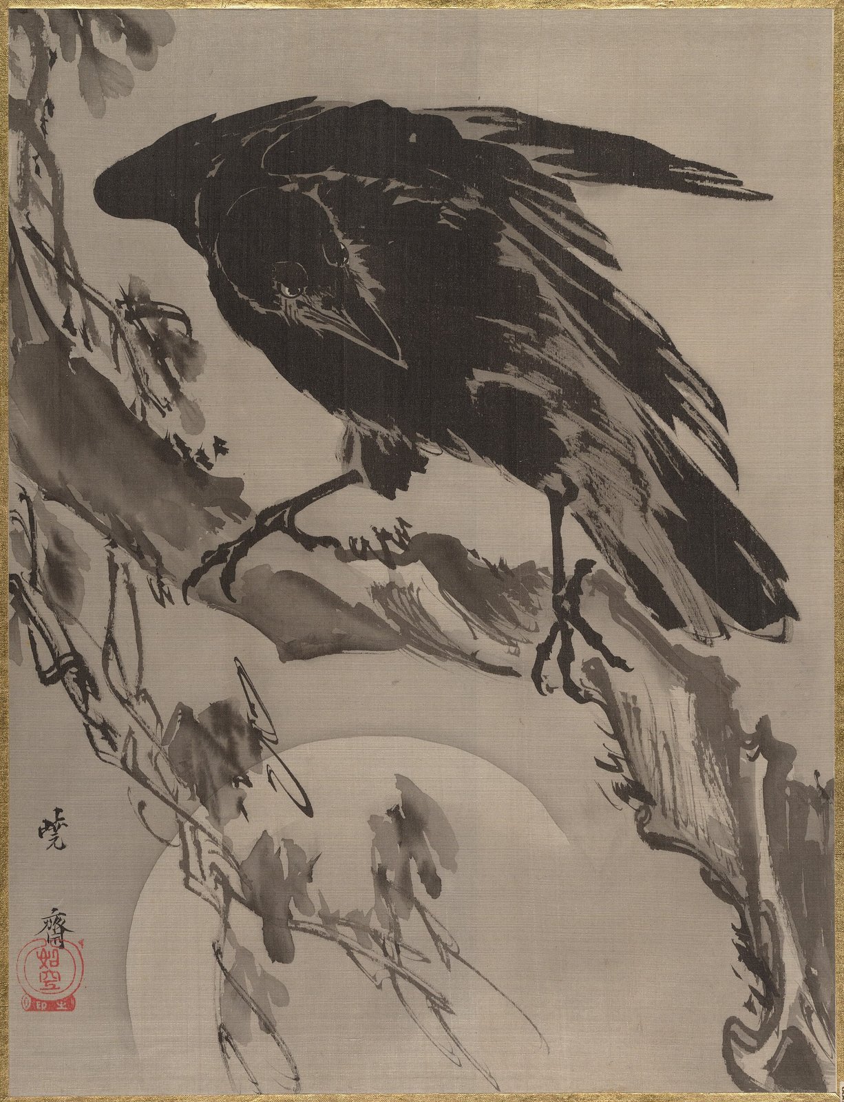 河鍋暁斎《月に鴉図》(1887年、絹本著色(画帖))