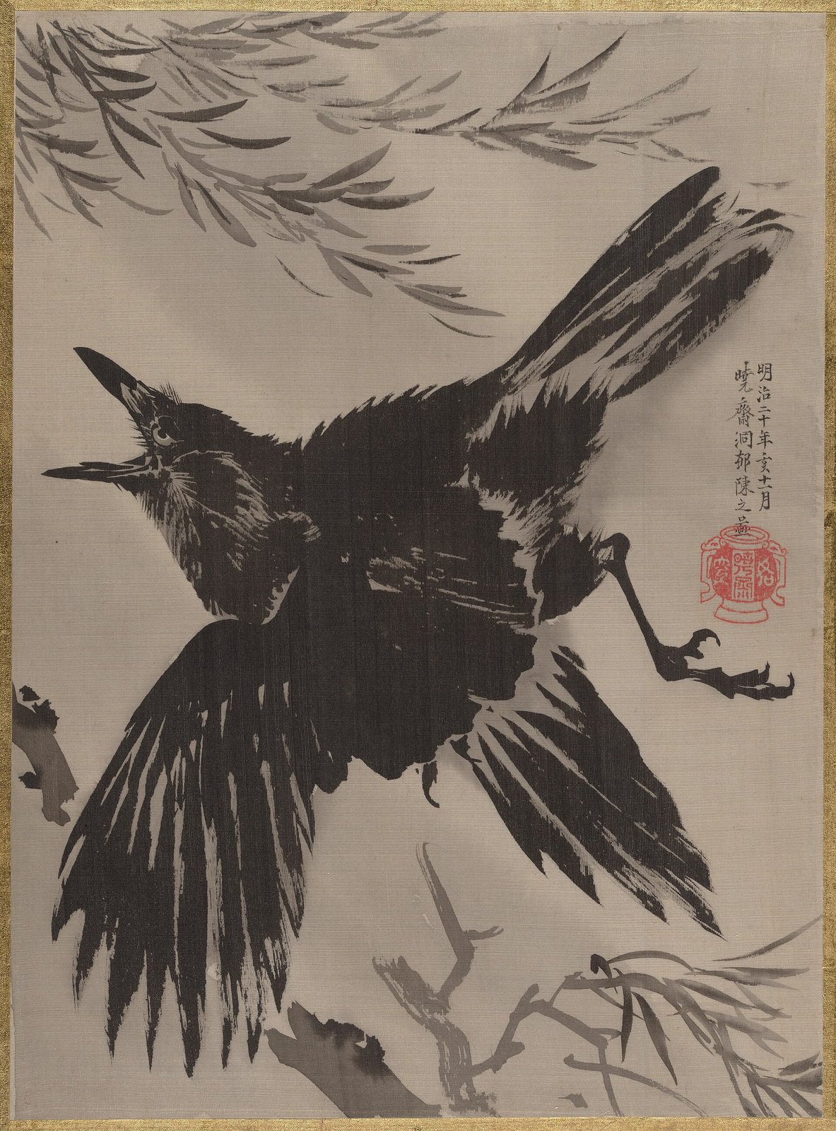 河鍋暁斎《柳に鴉図》(1887年、絹本著色(画帖))