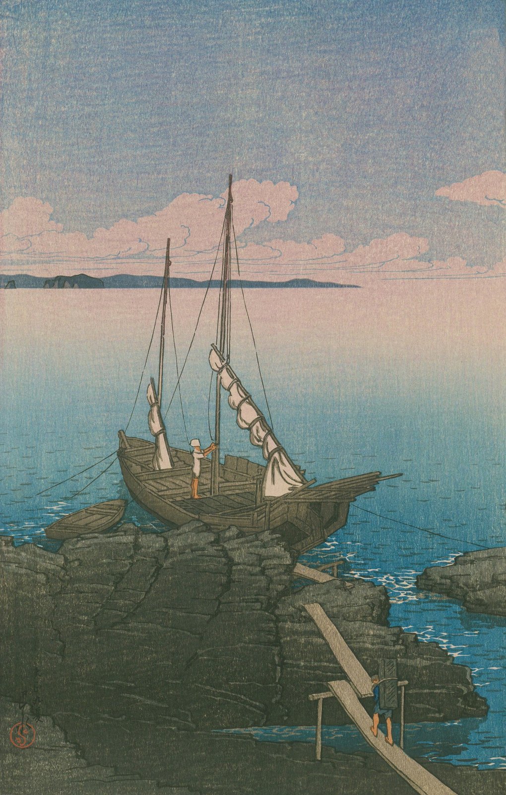 川瀬巴水《旅みやげ第一集 石積む舟(房州)》(1920年、木版多色摺、紙)