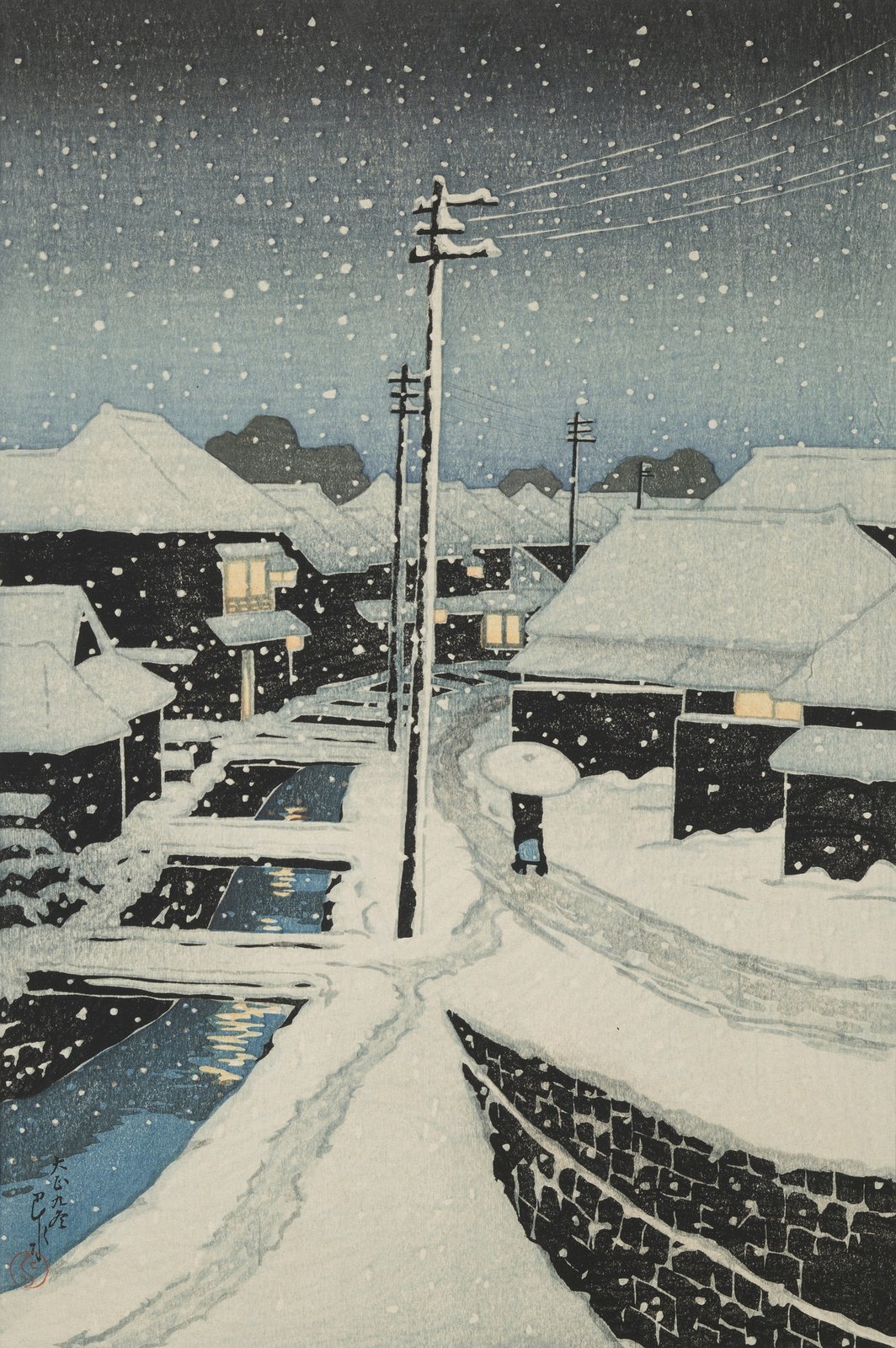 川瀬巴水《東京十二題 雪に暮るる寺島村》(1920年、木版多色摺、紙)