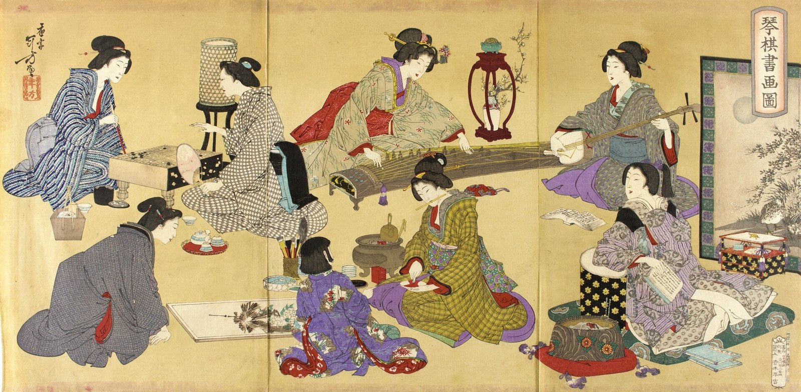 水野年方《琴碁書画を楽しむ女性たち》(1889年、木版多色摺(三枚続)、紙)
