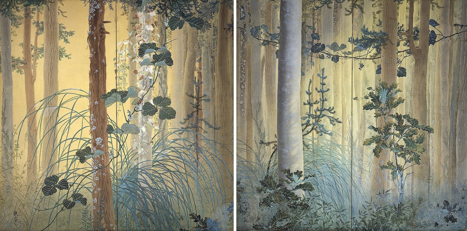 下村観山《木の間の秋》(1907年、紙本着色、二曲一双)