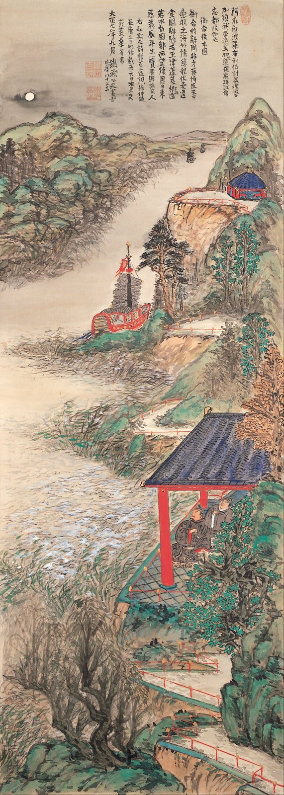 富岡鉄斎《阿倍仲麻呂明州望月図》(1918年、絹本着色、掛幅)