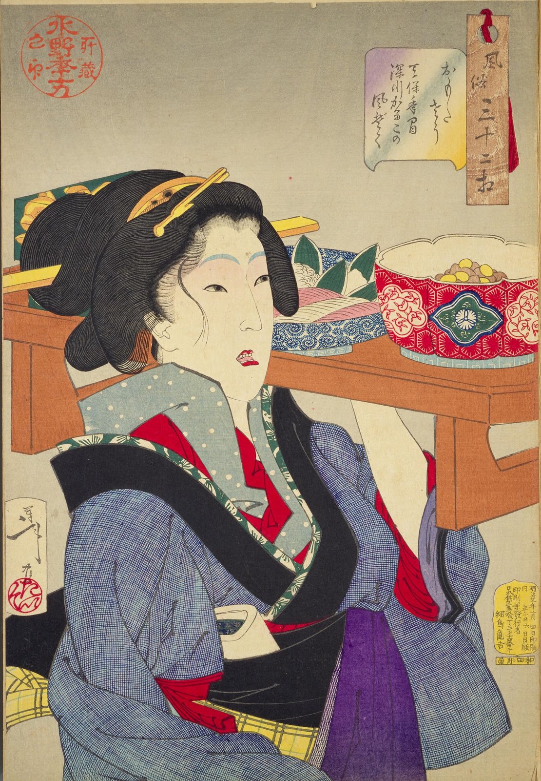 月岡芳年《風俗三十二相 おもたさう 天保年間深川かるこの風ぞく》(1888年、木版多色摺、紙)
