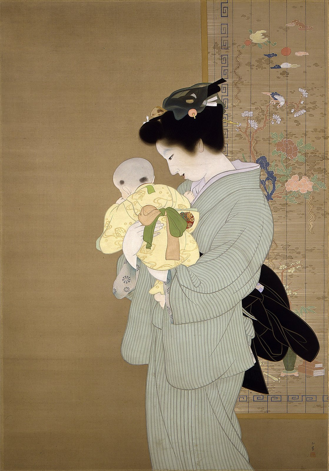 上村松園《母子》(1934年、絹本着色、額装)