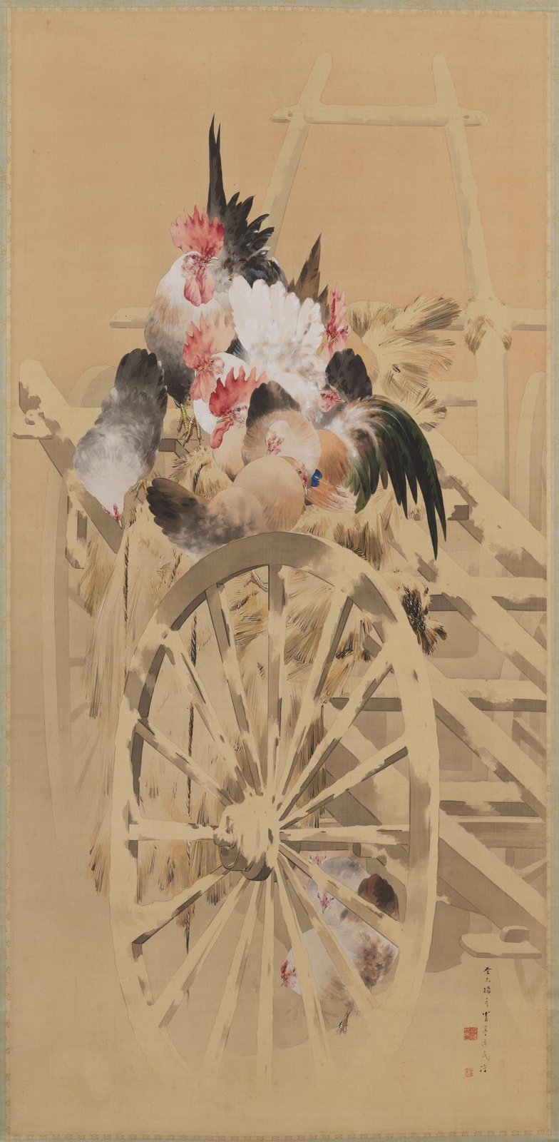 渡辺省亭《雪中群鶏》(1893年、絹本著色)