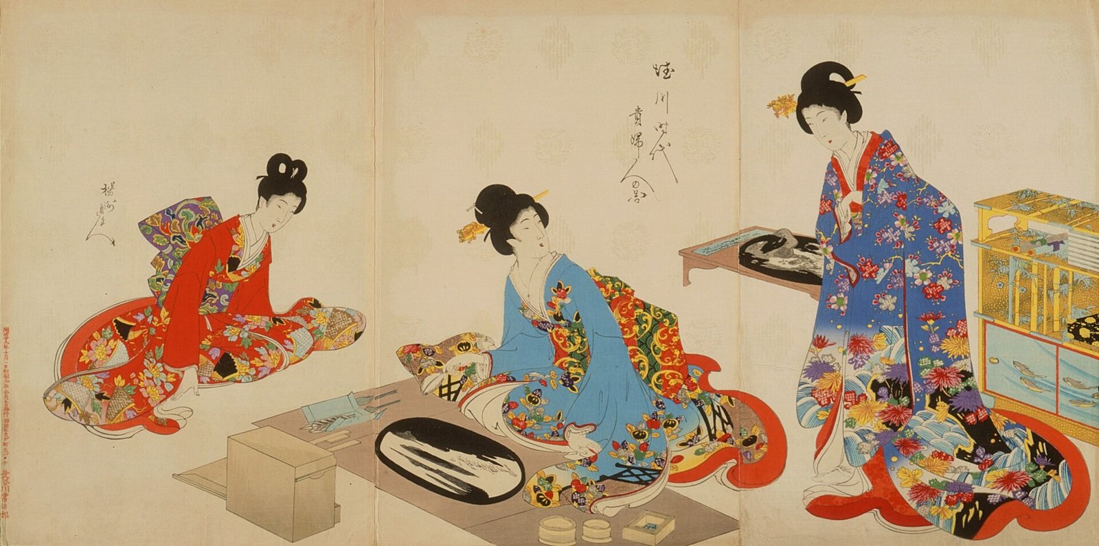 楊洲周延《盆景をつくる女性たち》(1896年、木版多色摺、紙(三枚続))
