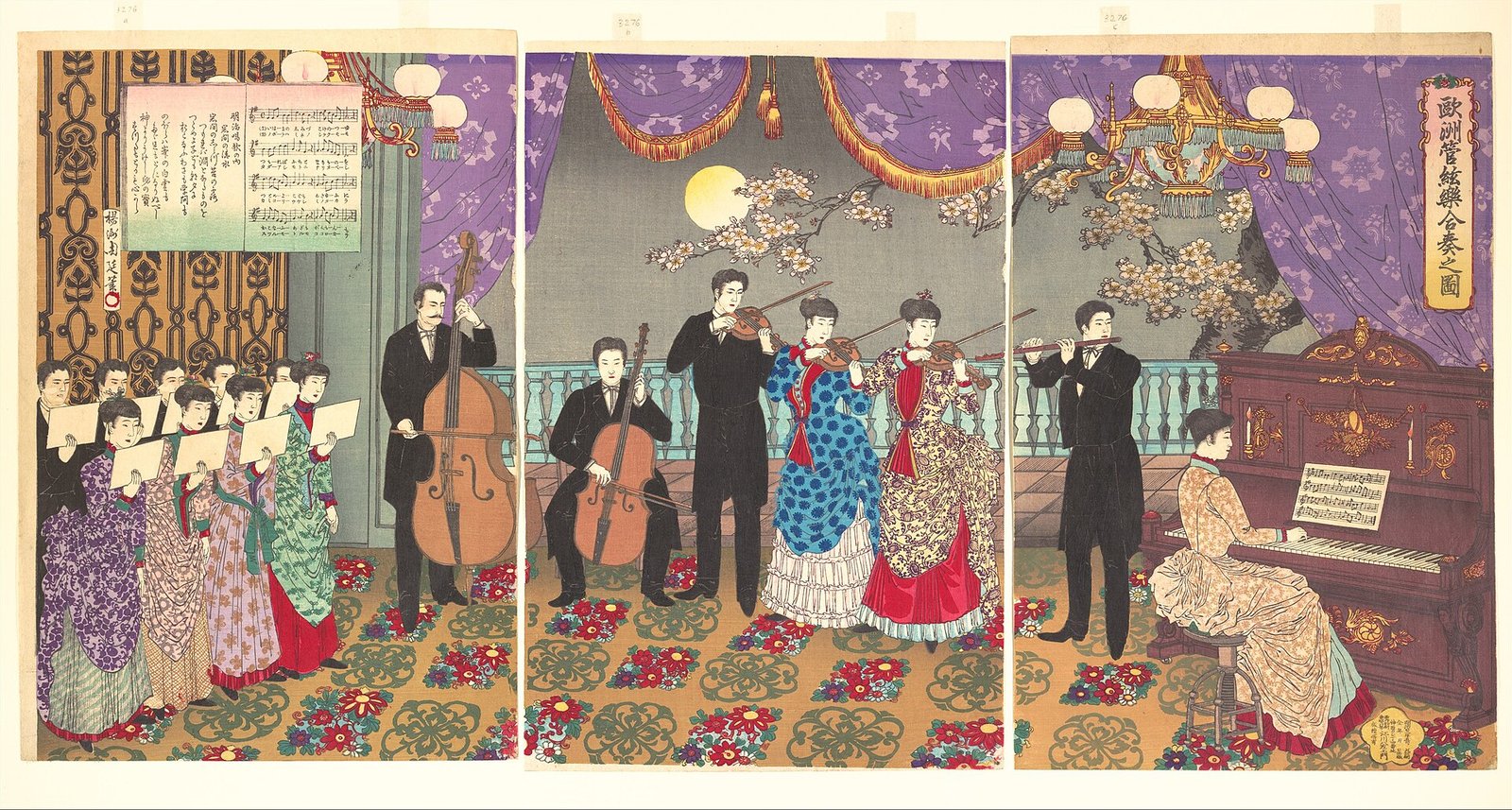 楊洲周延《欧州管絃楽合奏之図》(1889年、木版多色摺、紙(三枚続))